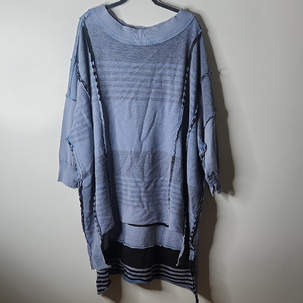 Free People Off The Shelf Maxi Top Blue Striped Sweatshirt Size Small Oversized